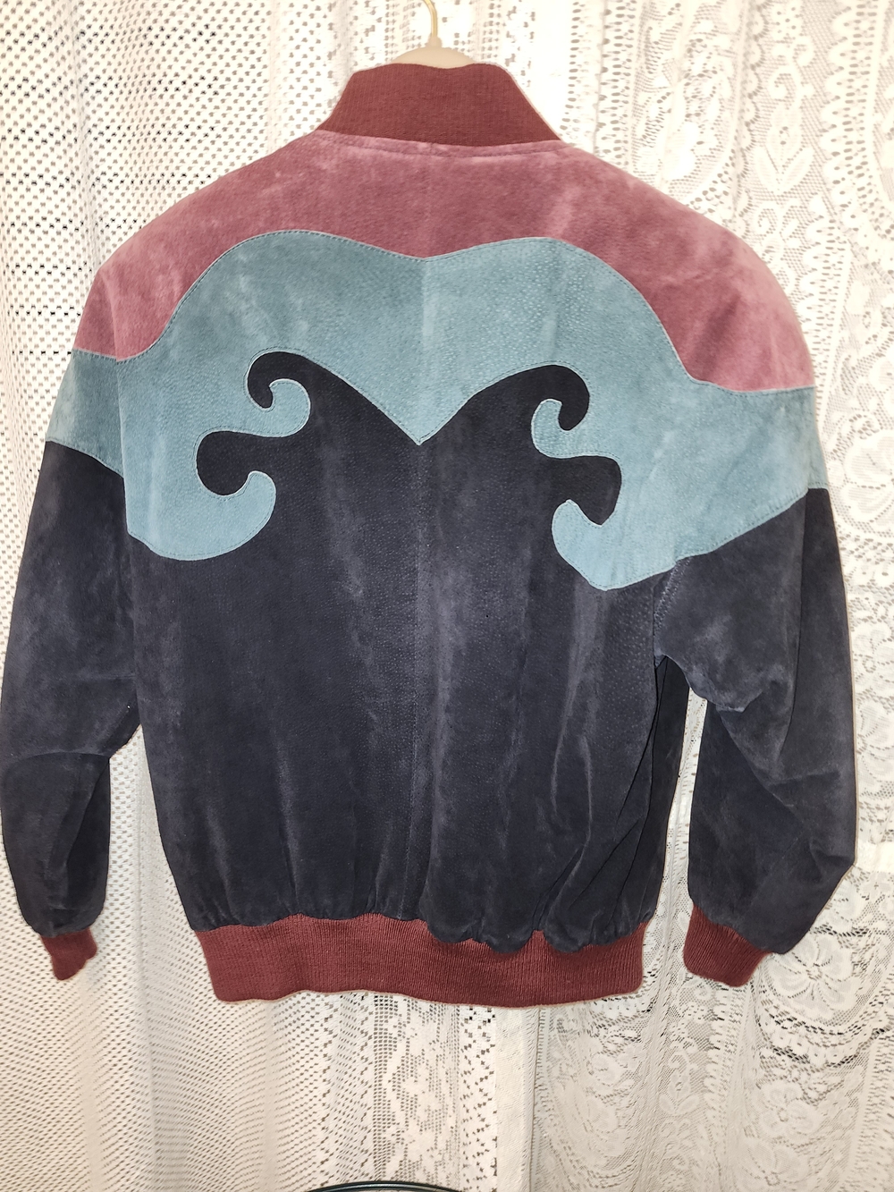 Ssatori Vintage Colorblock Leathet Bomber Jacket in Maroon, Teal & Black MED - Picture 9 of 11